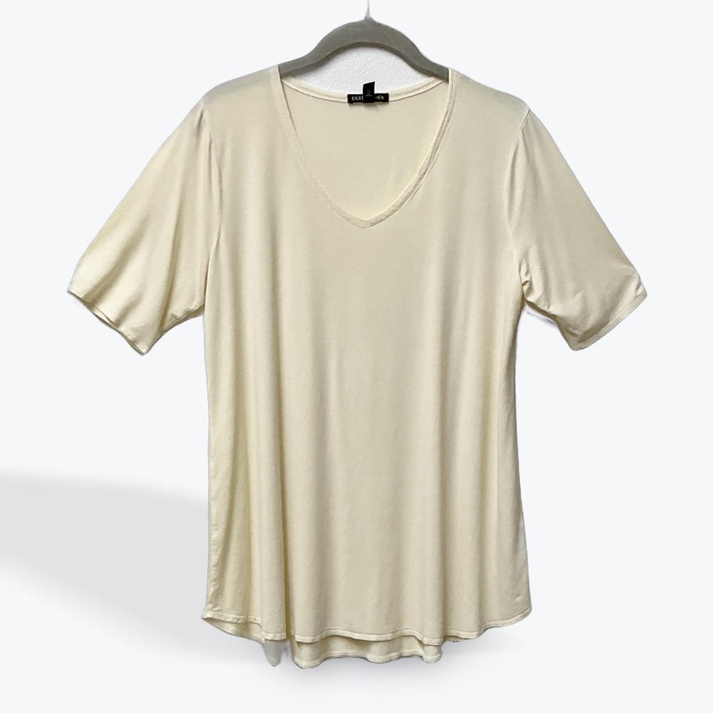 Eileen Fisher Cream Lyocell V-Neck Short Sleeve Tunic Top Womens‎ Medium M USA